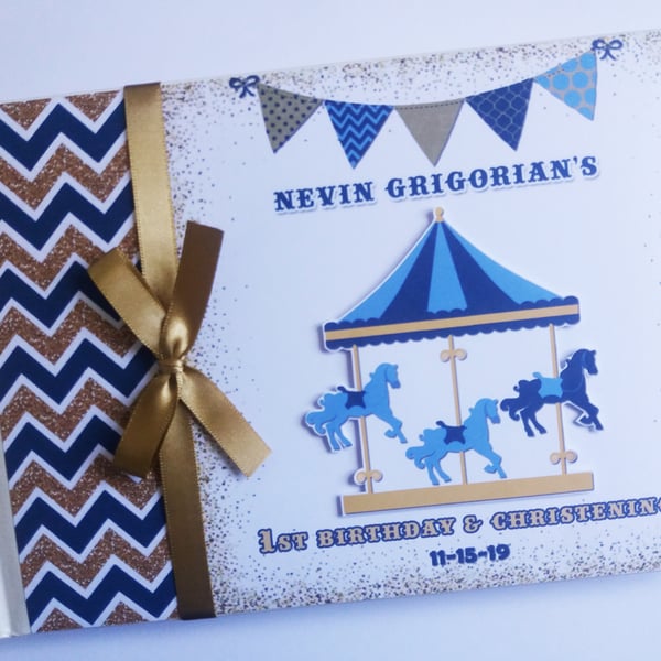 Vintage carousel boy birthday guest book, Carnival blue and gold carousel