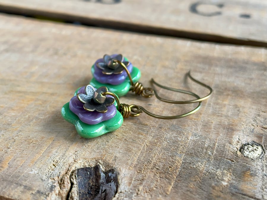 Green & Lavender Floral Earrings. Colourful Czech Glass Flowers. Spring Inspired