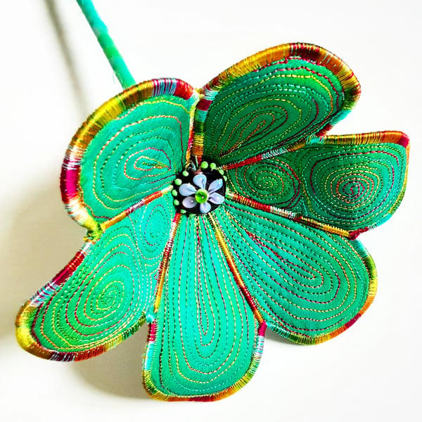 Blue Green Textile Art Flower