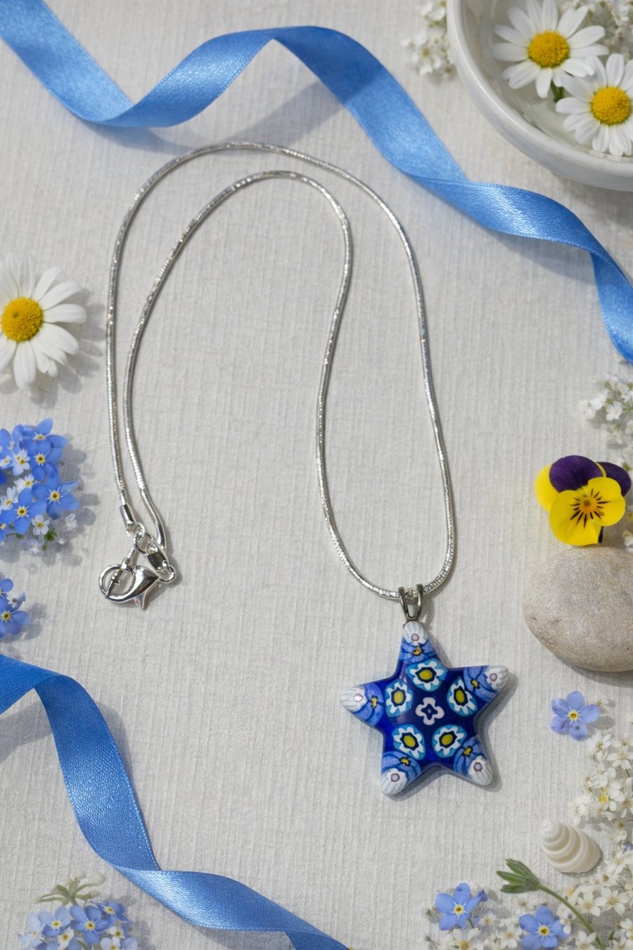 Murano Glass Star Necklace Blue Millefiori Pendant on Silver Chain