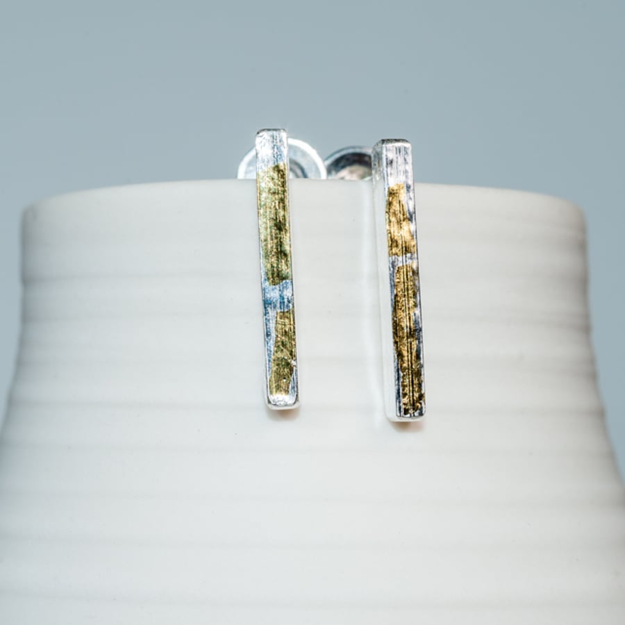 Ecosilver bar earrings with 23.5c gold highlights hallmarked