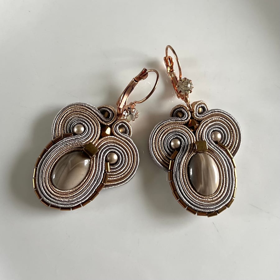Soutache Earrings with Striped Flint Stone – Handmade Statement Jewelry
