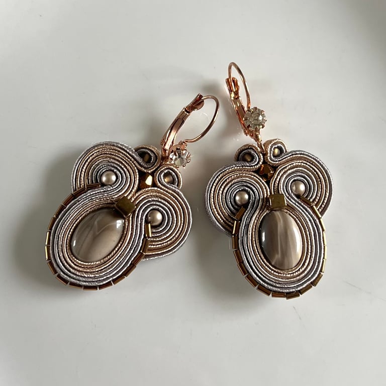 Soutache Earrings with Striped Flint Stone – Handmade Statement Jewelry