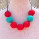 Red and teal hand felted statement necklace