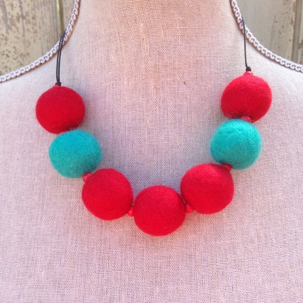 Red and teal hand felted statement necklace