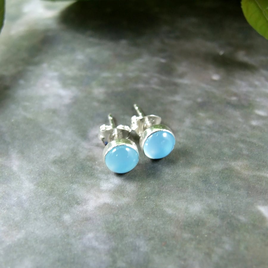 Stud Earrings, Blue Chalcedony and Sterling Silver 5mm Studs