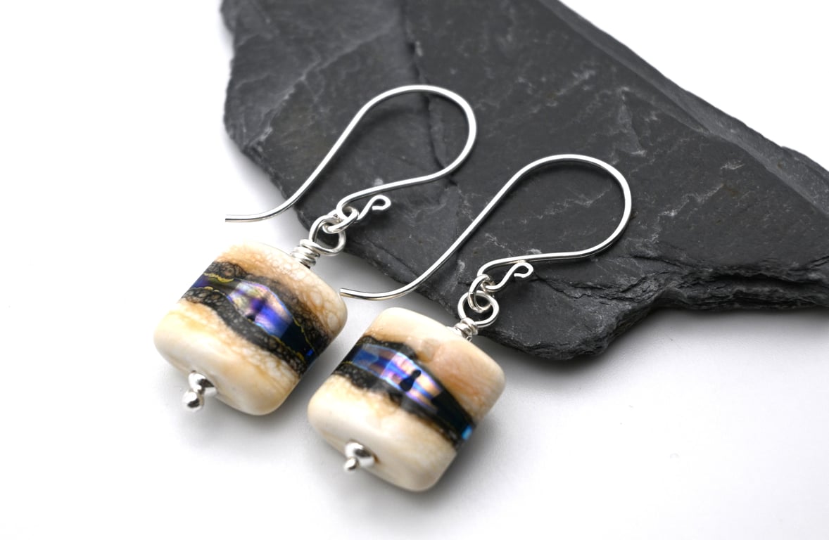 lampwork glass earrings, ivory and silver wrapped