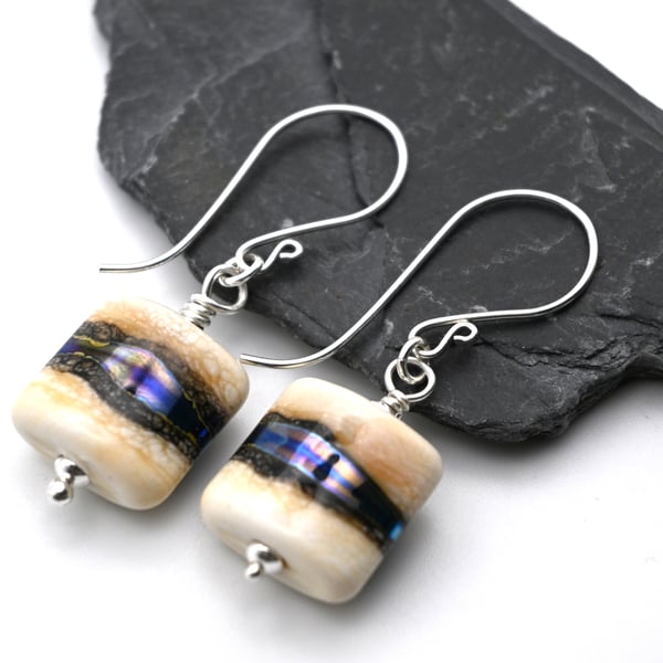 lampwork glass earrings, ivory and silver wrapped
