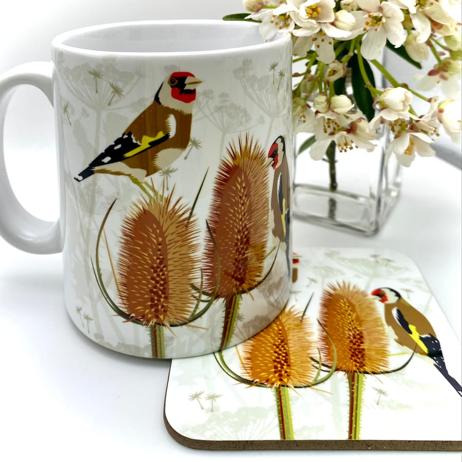 Goldfinch with Teazles Ceramic Mug - matching Coaster option