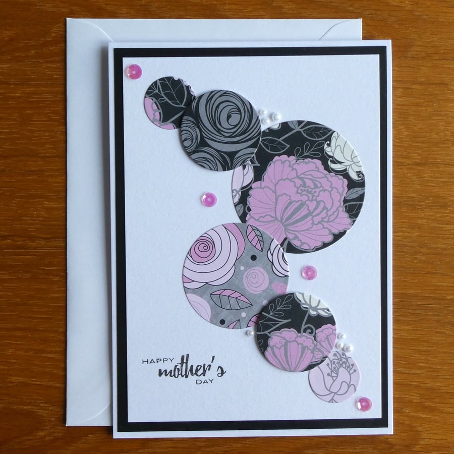 Large Mother's Day Card - Pink, Black & Grey Floral Circles