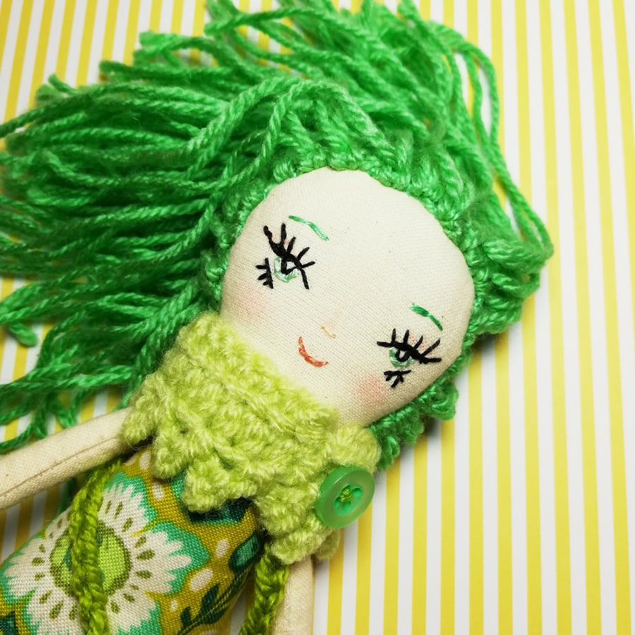 Handmade Heirloom Doll,Fern With Hand Embroidered Face & Crochet Bag