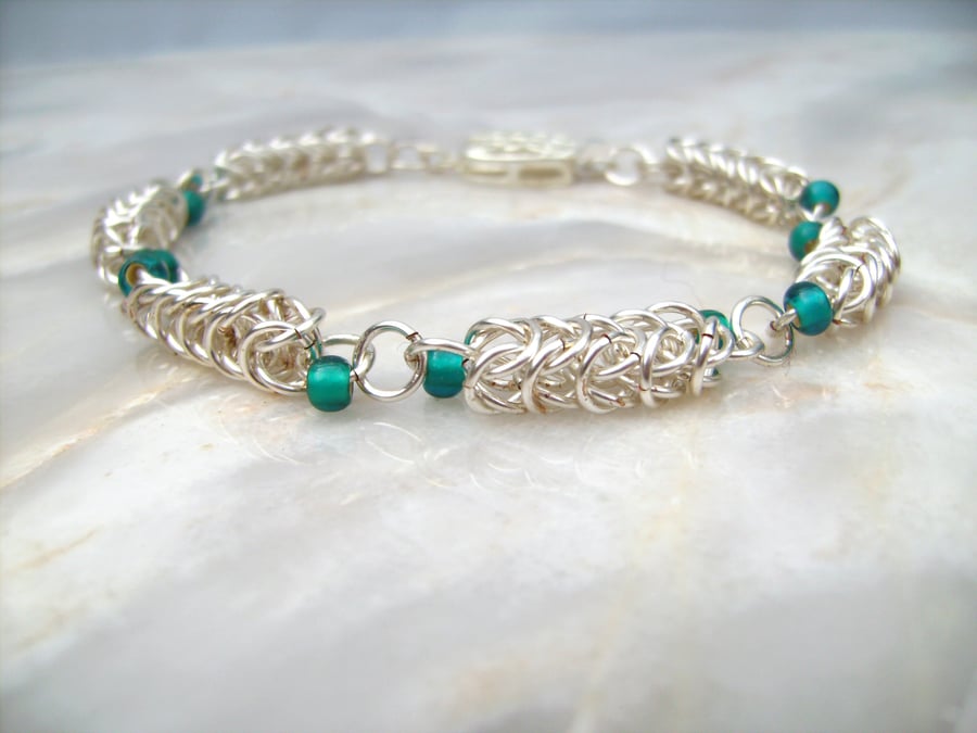 Teal Silver Chainmail Bracelet