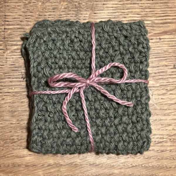 Handmade reusable dishcloth from recycled cotton. Dark Green. Approx. 7 x 7 in.