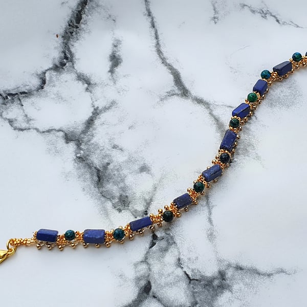 Lapis Lazuli and Chrysocolla Beadwork Bracelet with 24k Gold Plated Seed Beads