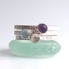 Sterling Silver Textured Bands with Moonstone, Aquamarine and Amethyst