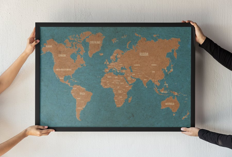 World Map Cork Pin Board Black Frame Cork World Atlas Travel Decor World Map Fra