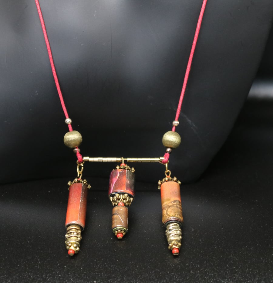 Red, black and gold paper beads necklace