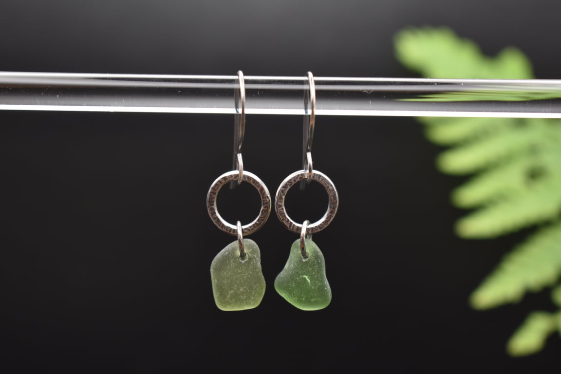 Scottish Sea Glass and Recycled Sterling Silver Earrings, Dark Green