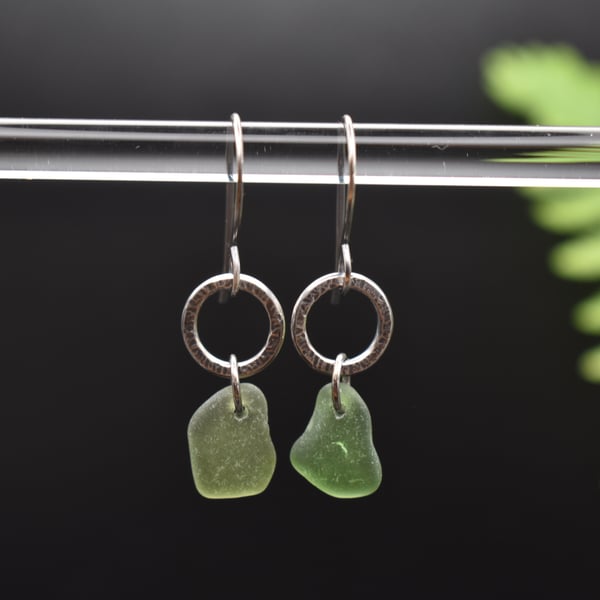 Scottish Sea Glass and Recycled Sterling Silver Earrings, Dark Green