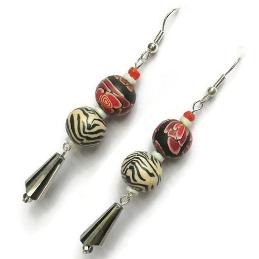 Oriental Style Earrings Beaded Clay Red Black And Beige Beads Asian Look