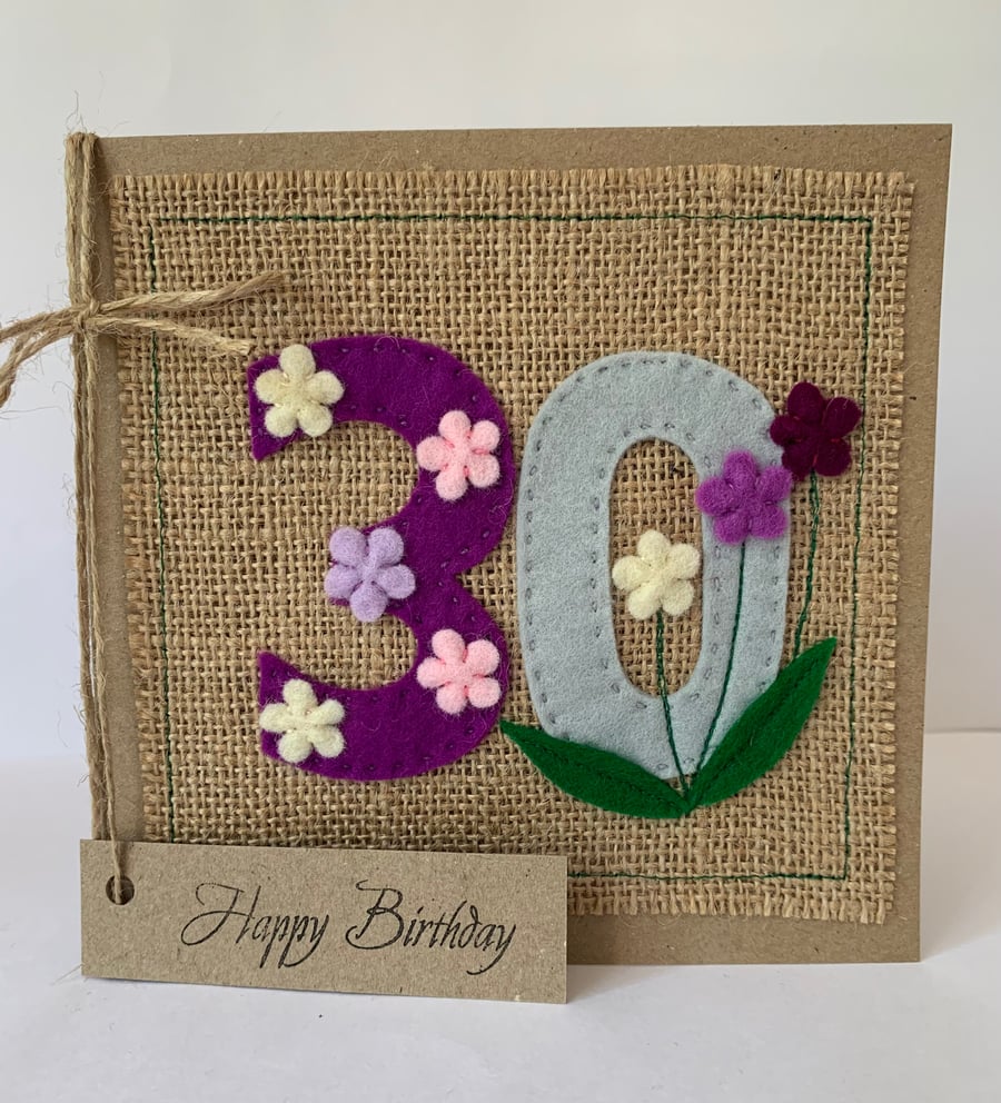 Handmade 30th Birthday Card. Keepsake Card. Textile Card.