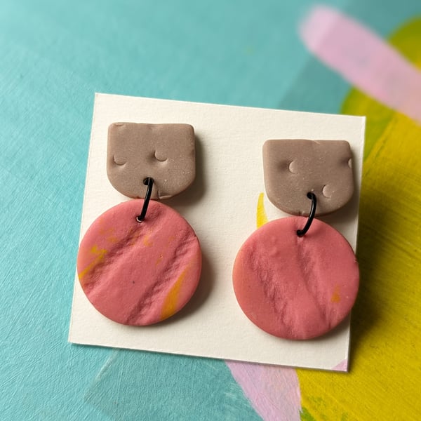 Pink and taupe textured polymer clay dangly earings 