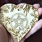 Pyrography heart decoration, pentacle nature design