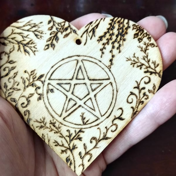 Pyrography heart decoration, pentacle nature design