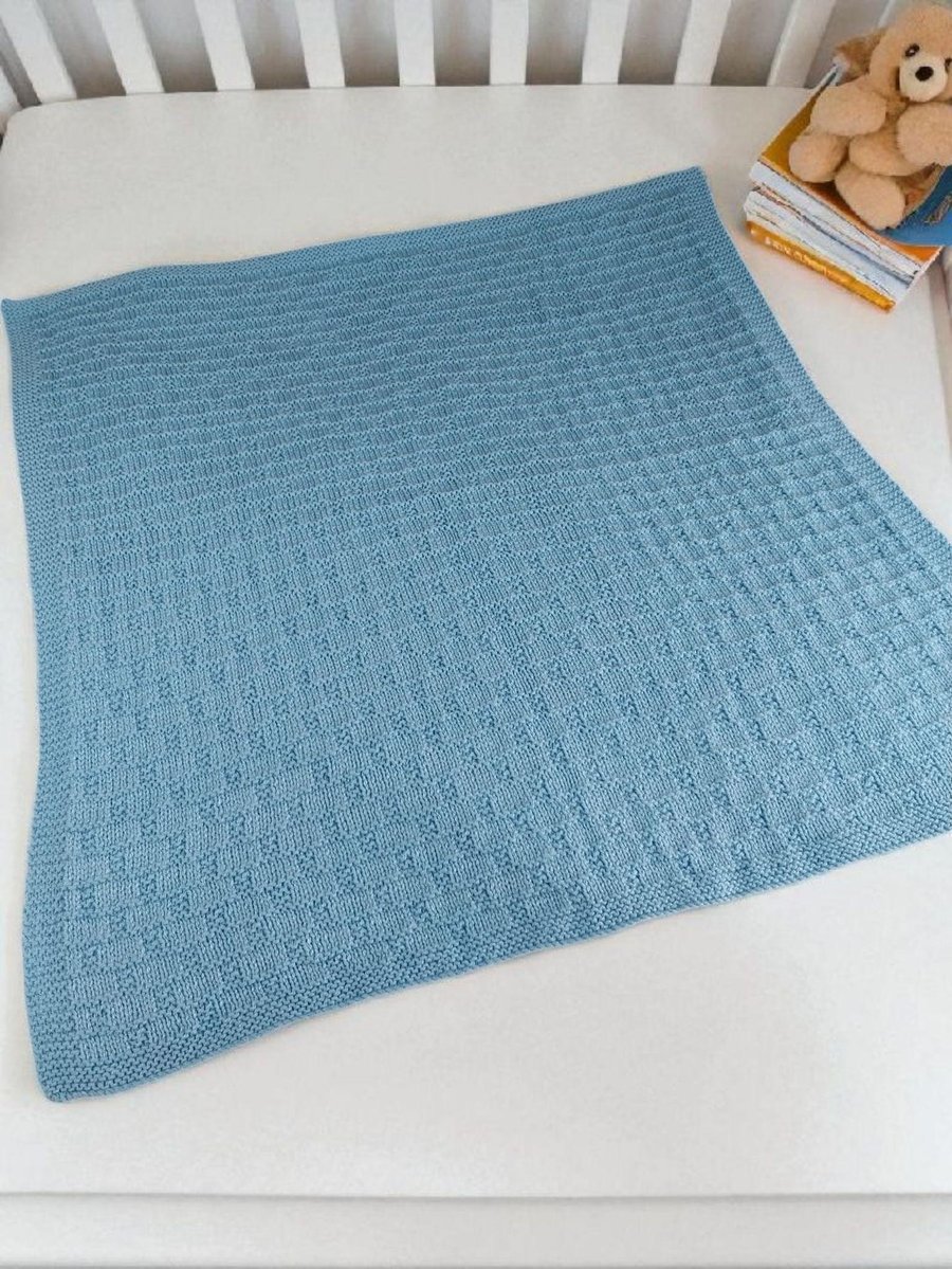 Hand Knitted Blue Baby Blanket, Cosy Brick Texture Design 