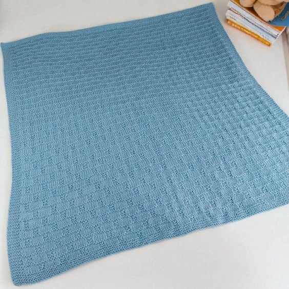 Hand Knitted Blue Baby Blanket, Cosy Brick Texture Design 