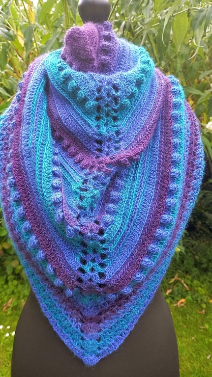 Handmade Crochet Ombre Shawl, Wool Blend