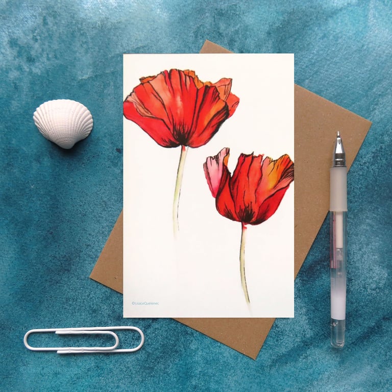 Red poppies reproduction blank greeting card plastic free 