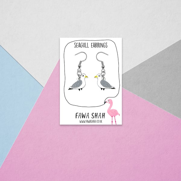 Seagull Drop Earrings - Handpainted - Bird Earrings