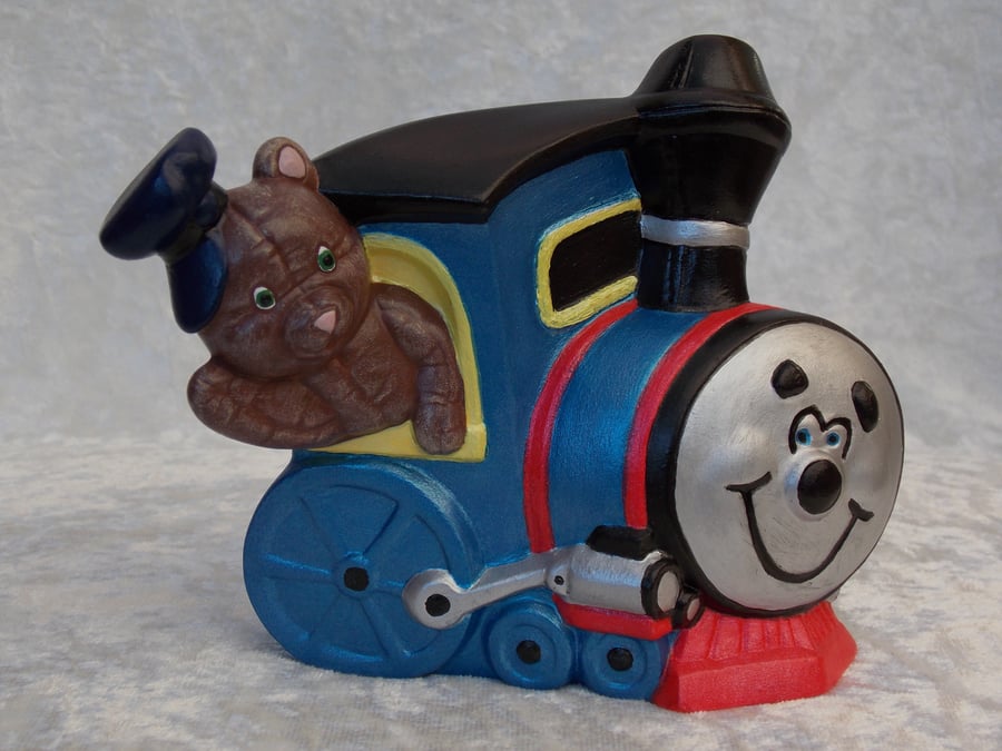 Ceramic Hand Painted Brown Teddy Bear Blue Train Engine Ornament.