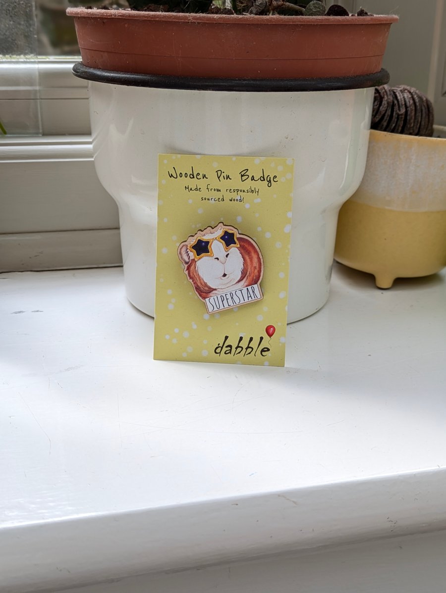 Wooden Guinea Pig Brooch, Superstar Lapel Pin Badge