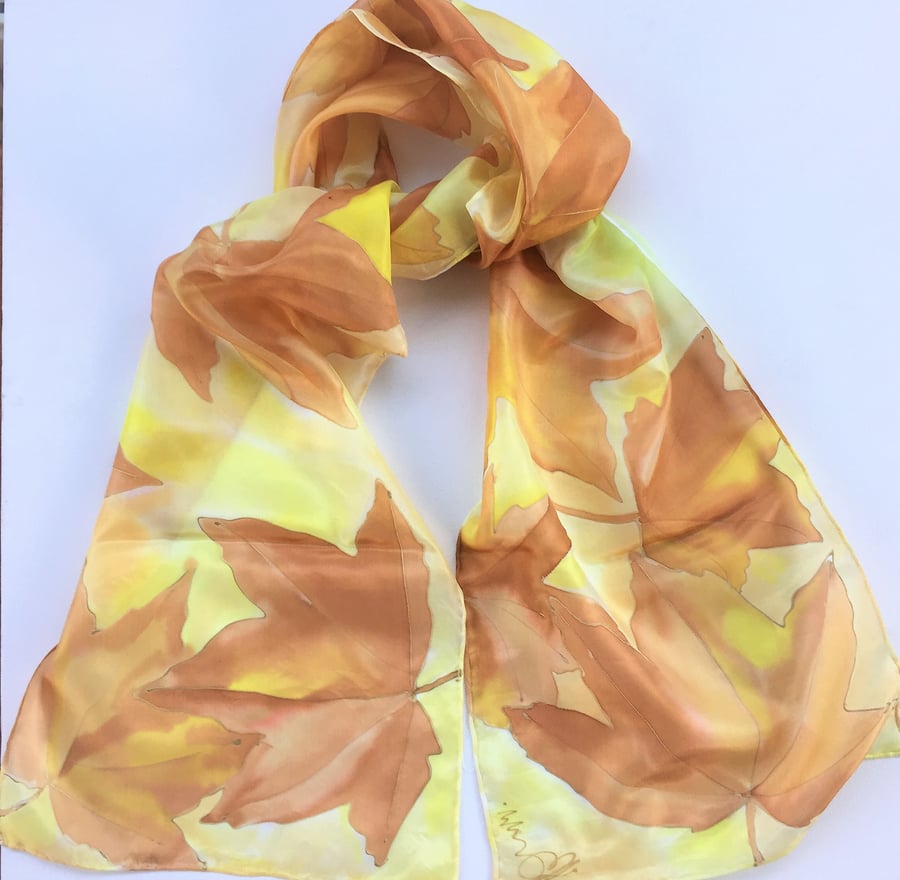 Golden Brown Leaves  hand painted silk scarf