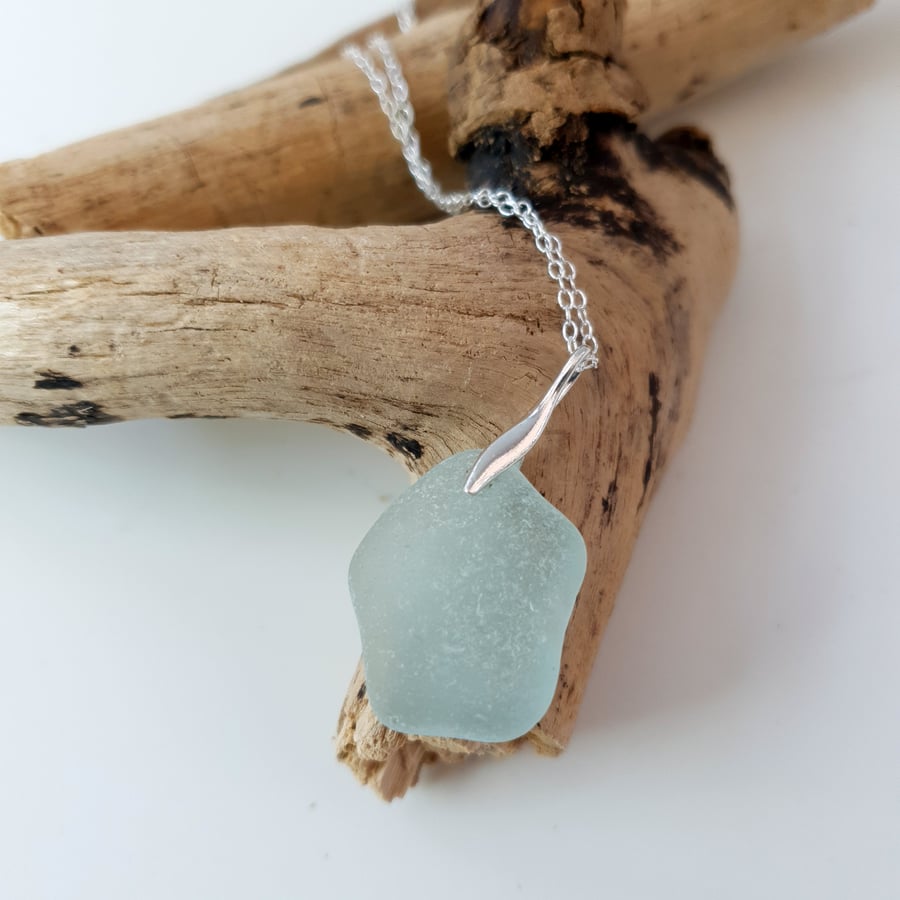  Sterling Silver Sea Glass Pendant Sea Foam Pale Blue 18 Inch Chain Free UK PP