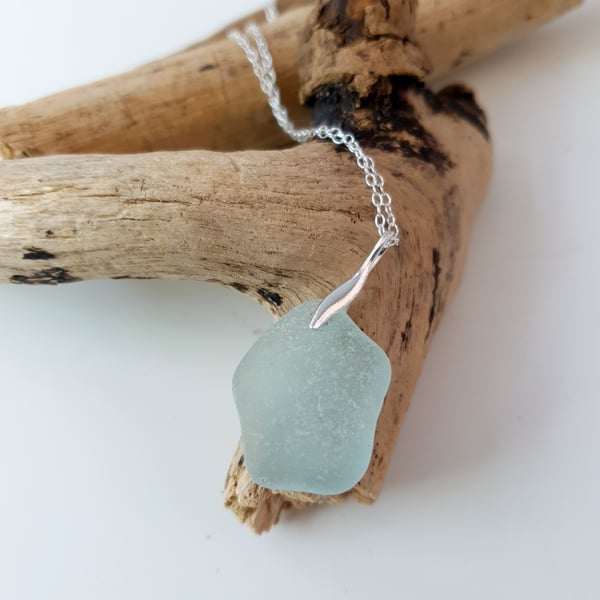 Simple Sterling Silver Sea Glass Pendant Sea Foam Pale Blue on an 18 Inch Chain