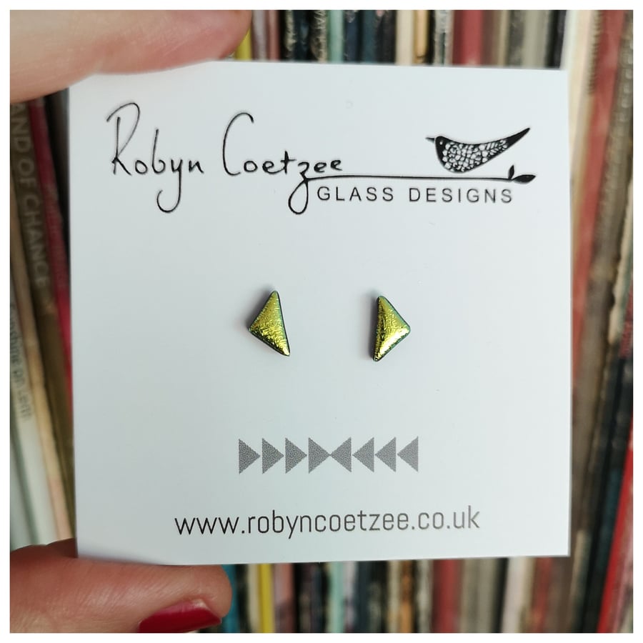 small lime green, acid yellow triangle dichroic glass stud earrings