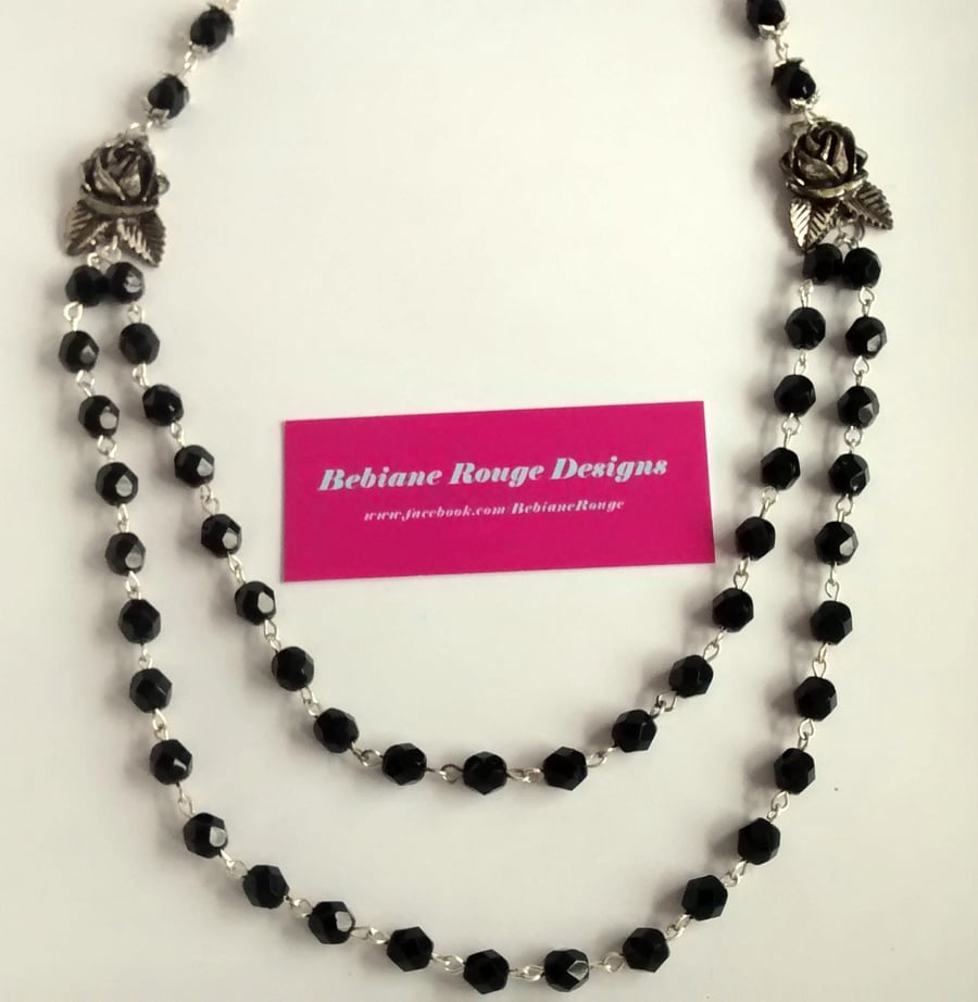 Vintage Style Black Beaded Rose Two Tier Necklace