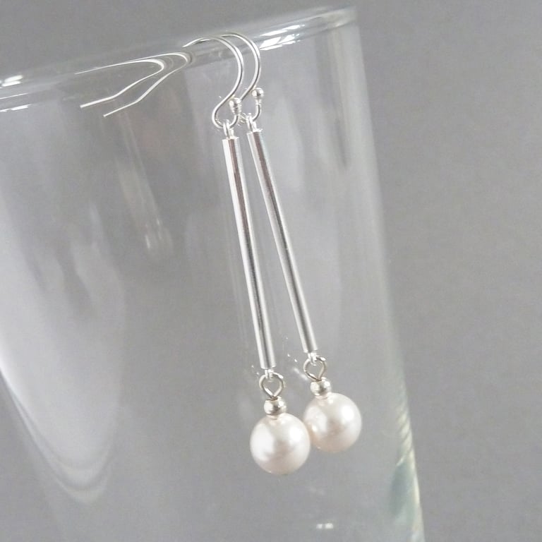 Long Pearl Drop Earrings - White Glass Pearl Bridal Gifts - Wedding Jewellery