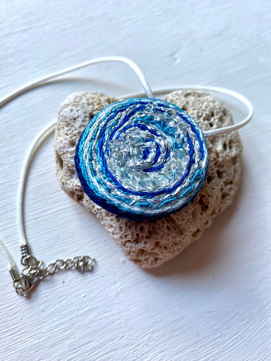 Sea blues and waves,  Hand embroidered pendant 