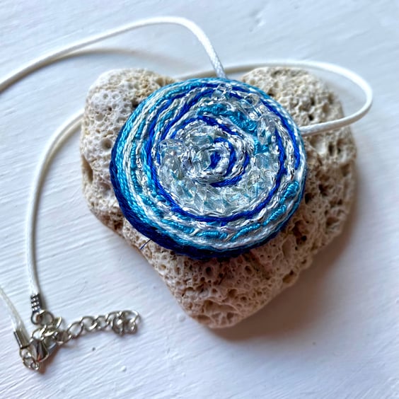 Sea blues and waves,  Hand embroidered pendant 