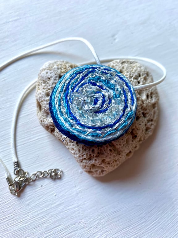 Sea blues and waves,  Hand embroidered pendant 