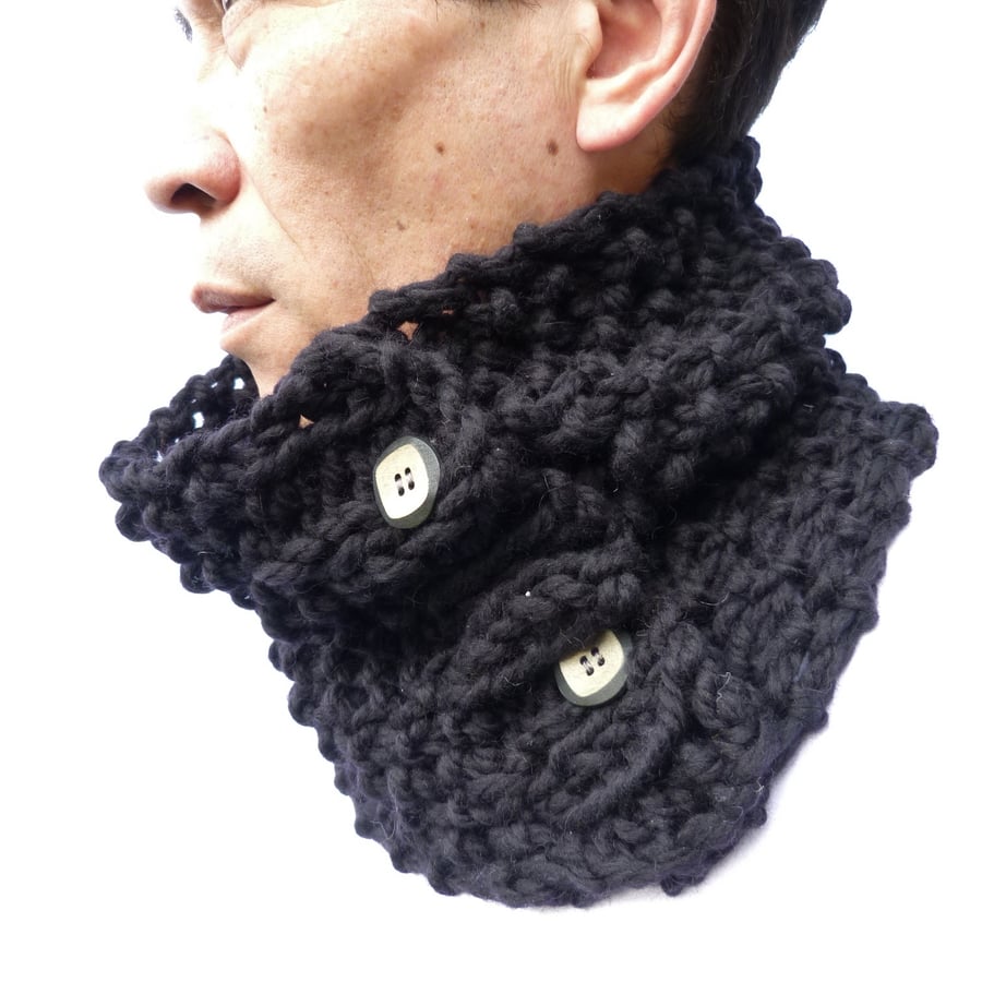 Men's Black Handknitted Cowl, scarf, neckwarmer 100% merino wool