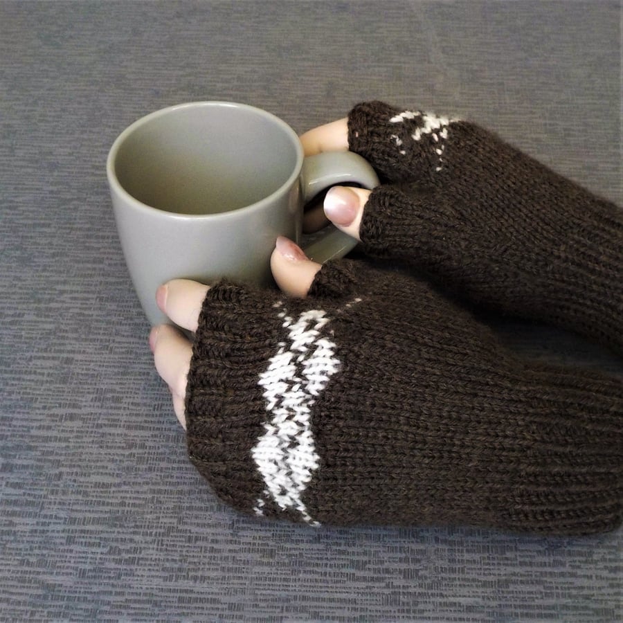 Fingerless gloves dark brown and cream fairisle design Falklands merino wool