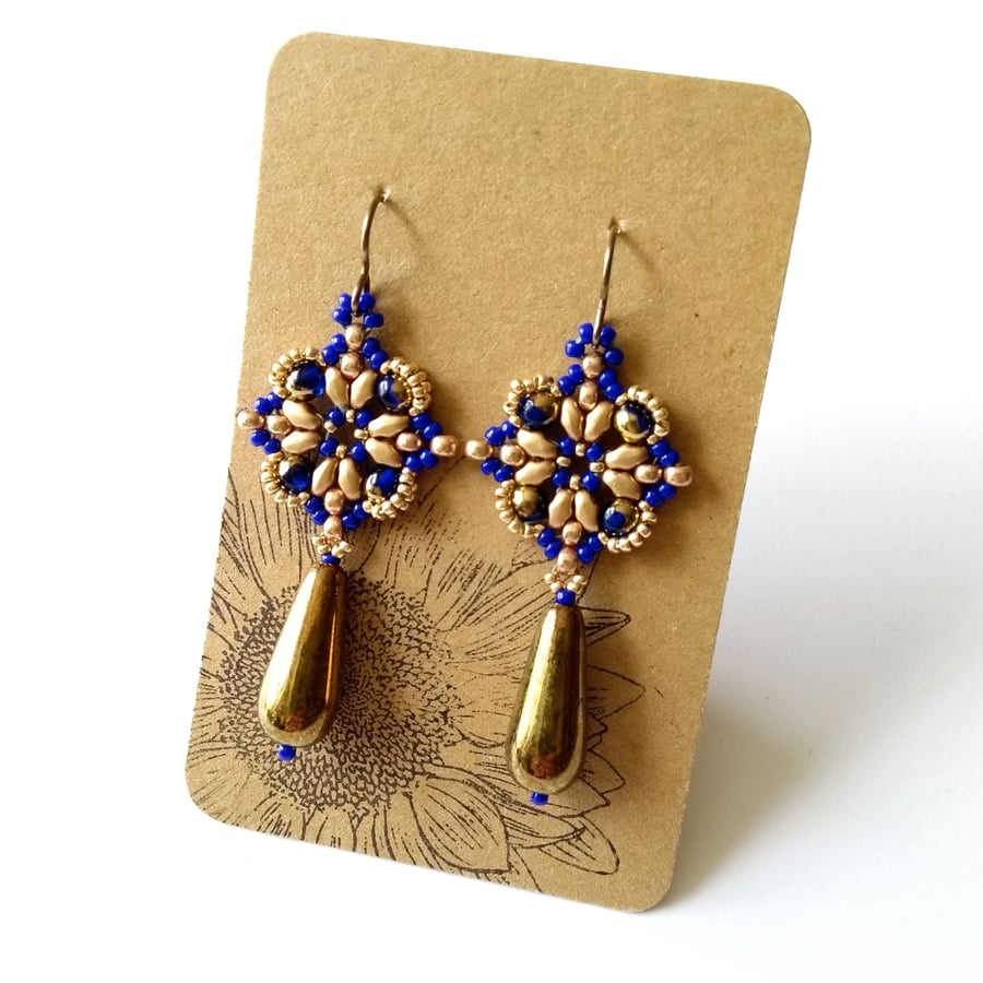 Sapphire Blue and Bronze Drop Earrings