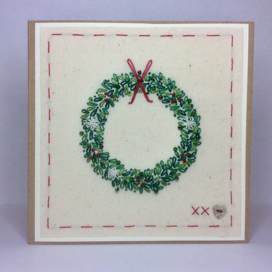 Made to order Christmas Wreath Hand embroidered card 