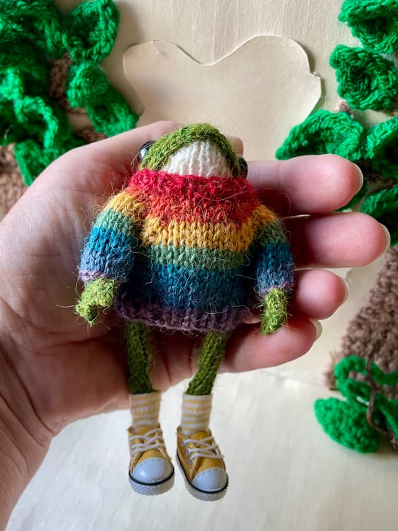  Hand Knitted Frog Ornament in Rainbow Pride Jumper Knitted Froglets
