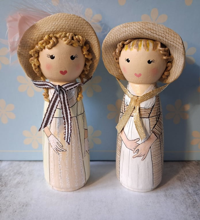 Elinor and Marianne Sense & Sensibility hand painted peg doll.